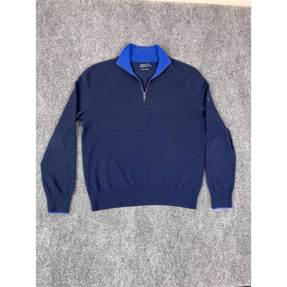 Polo Golf Ralph Lauren Blue 1/4 Zip Washable Cashmere Pullower Sweater M Logo